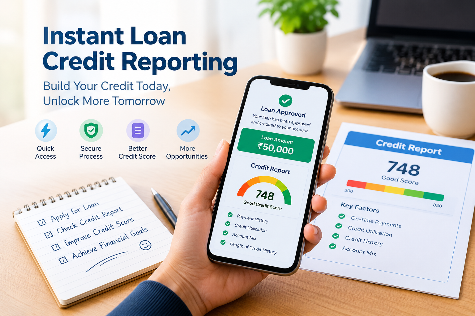 Instant loan credit reporting concept showing a digital loan, credit report, and credit score on a modern financial workspace.
